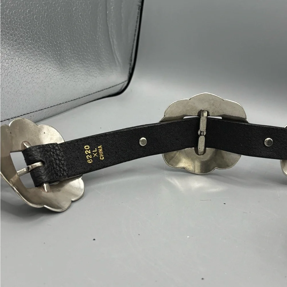 XL Heavy Black  leather concho belt with silver-tone hardware - Picture 2 of 6